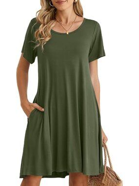 Women's Army Green  Casual Loose Swing Tunic Short Sleeve Sun Mini Shirt Dress